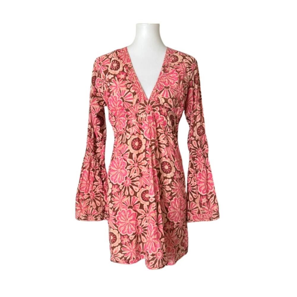 Rare Y2K Johnny Was Boho Tunic – Pink Floral, Bell Sleeves, Size 2 (S)